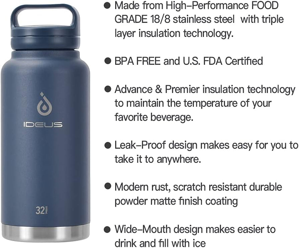 Insulated Stainless Steel Water Bottle with 2 Leak-Proof Lids, Thermal Water Flask for Hiking Biking, 32Oz, Navy Blue