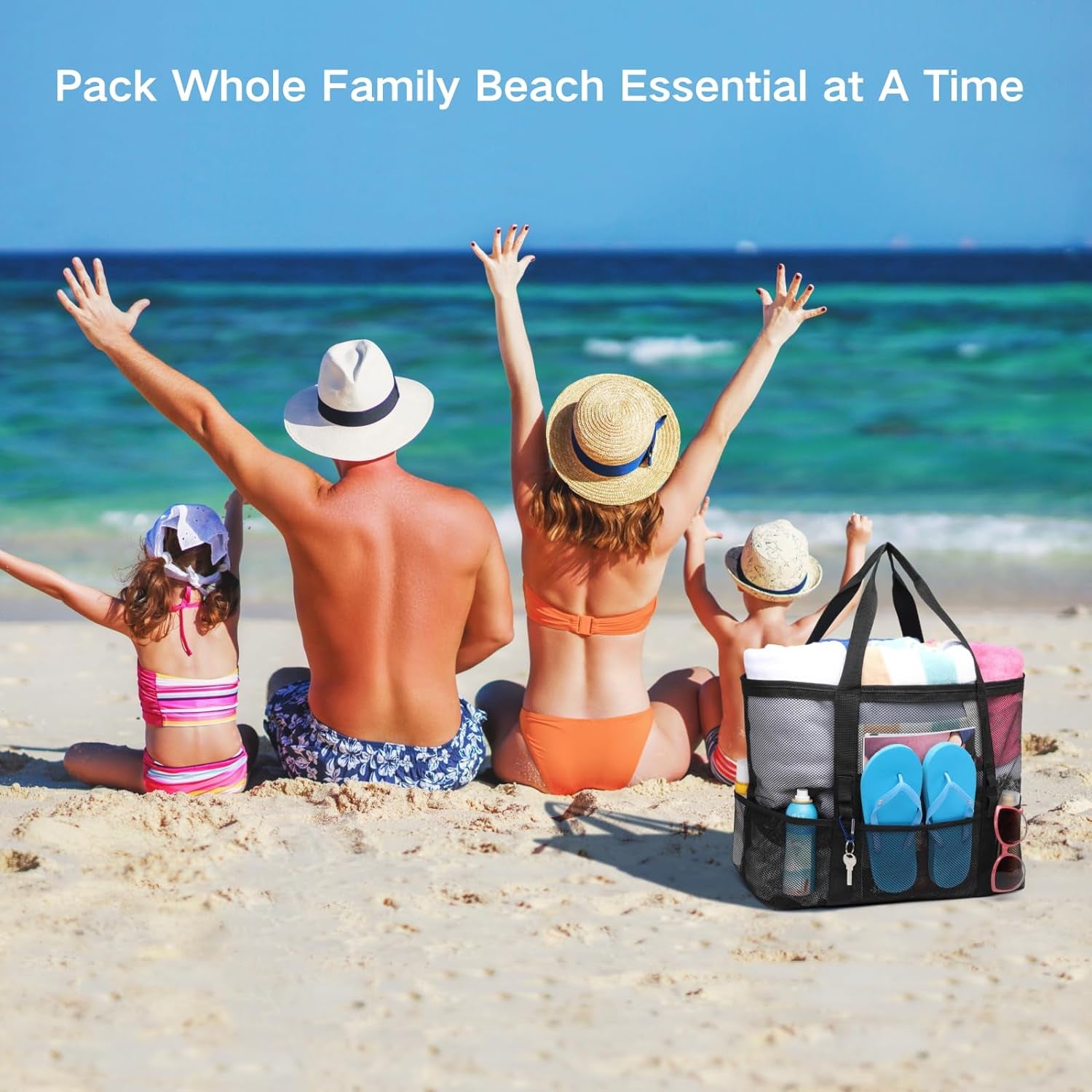 Mesh Beach Bag Family - Beach Tote 9 Pockets Beach Towel Bag