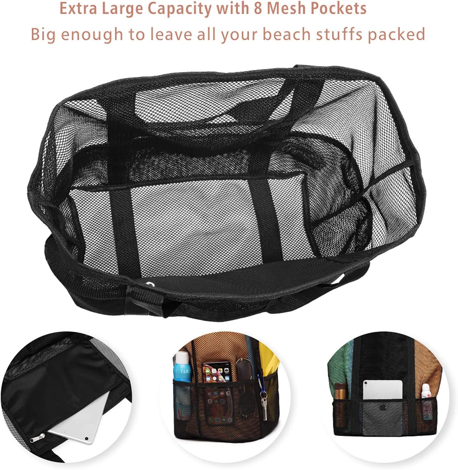 Mesh Beach Bag Family - Beach Tote 9 Pockets Beach Towel Bag