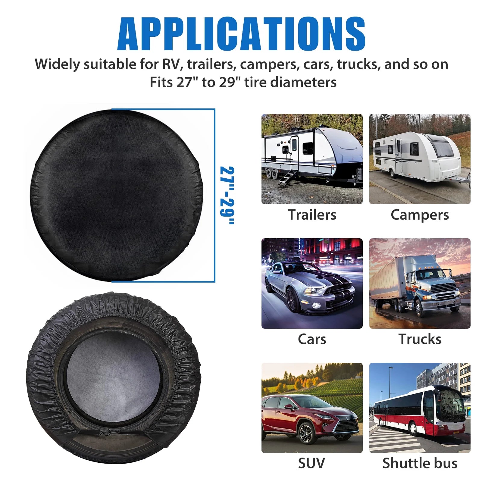 4Pcs Wheel Tire Covers,  Waterproof RV Wheel Covers Fit 27-29Inch Tire Diameters, UV Coating Tire Protectors for Motorhome, Trailers, Campers, Cars, Trucks, Black