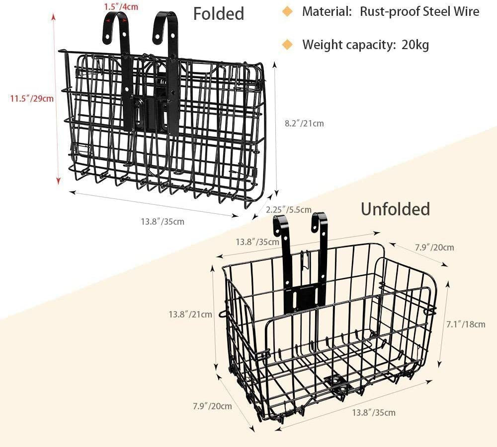 Folding Rear Bike Basket Wire Mesh Fold-Up Detchable Front Bag Rear Hanging Bike Basket Bicycle Bag Cargo Rack for Mountain Bike Accessories Bike Frame Basket 1 Pack