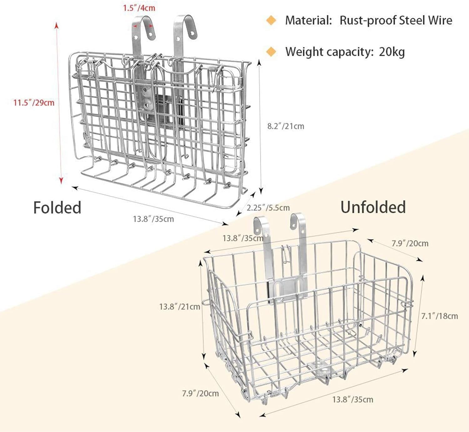 Folding Rear Bike Basket Wire Mesh Fold-Up Detchable Front Bag Rear Hanging Bike Basket Bicycle Bag Cargo Rack for Mountain Bike Accessories Bike Frame Basket 1 Pack