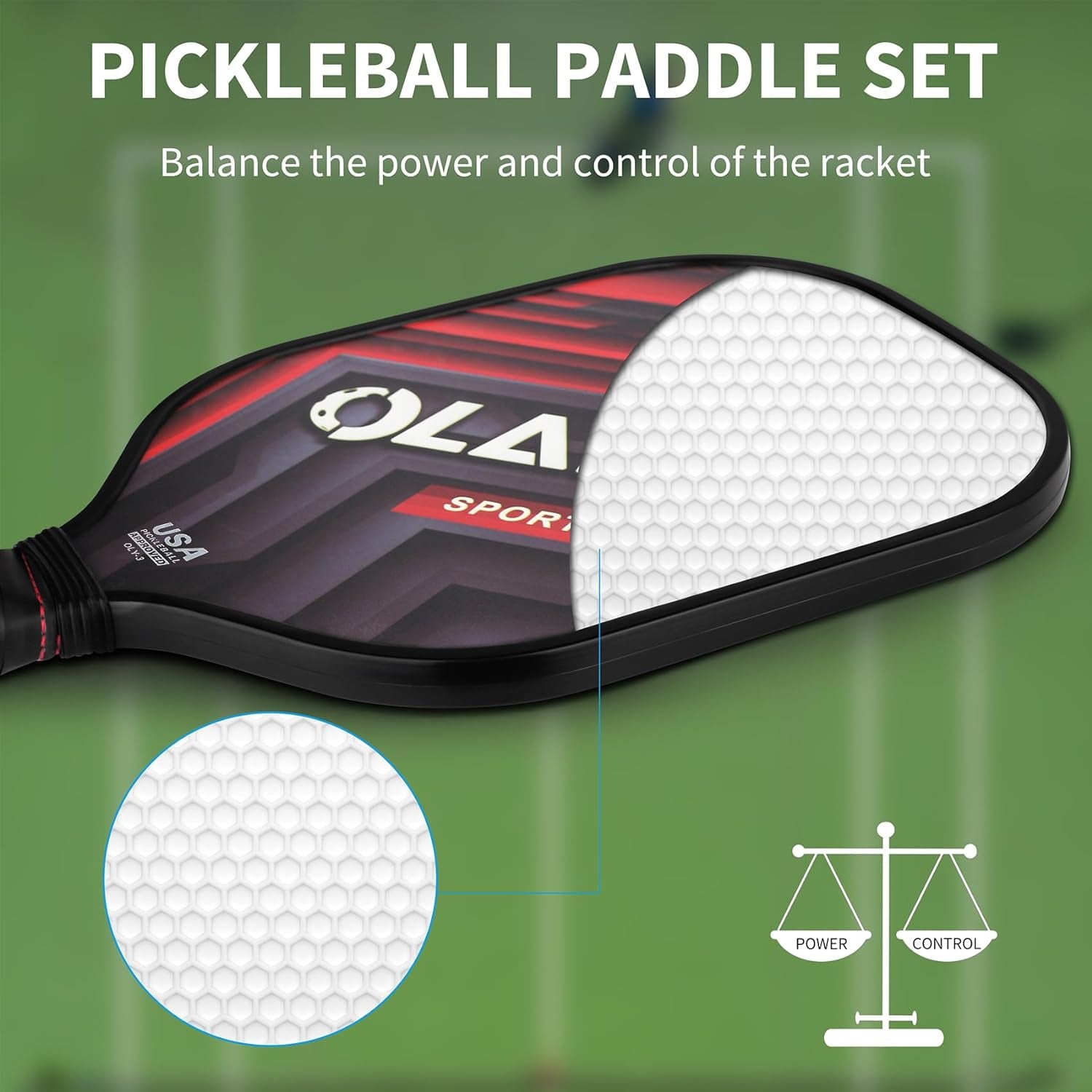 Graphite Pickleball Paddles Set- Premium Rackets Fiber Face & Polymer Honeycomb Core Pickleball Set Includes Pickleball Paddles + Pickleball Balls+ Replacement Soft Grip + 1 Bag