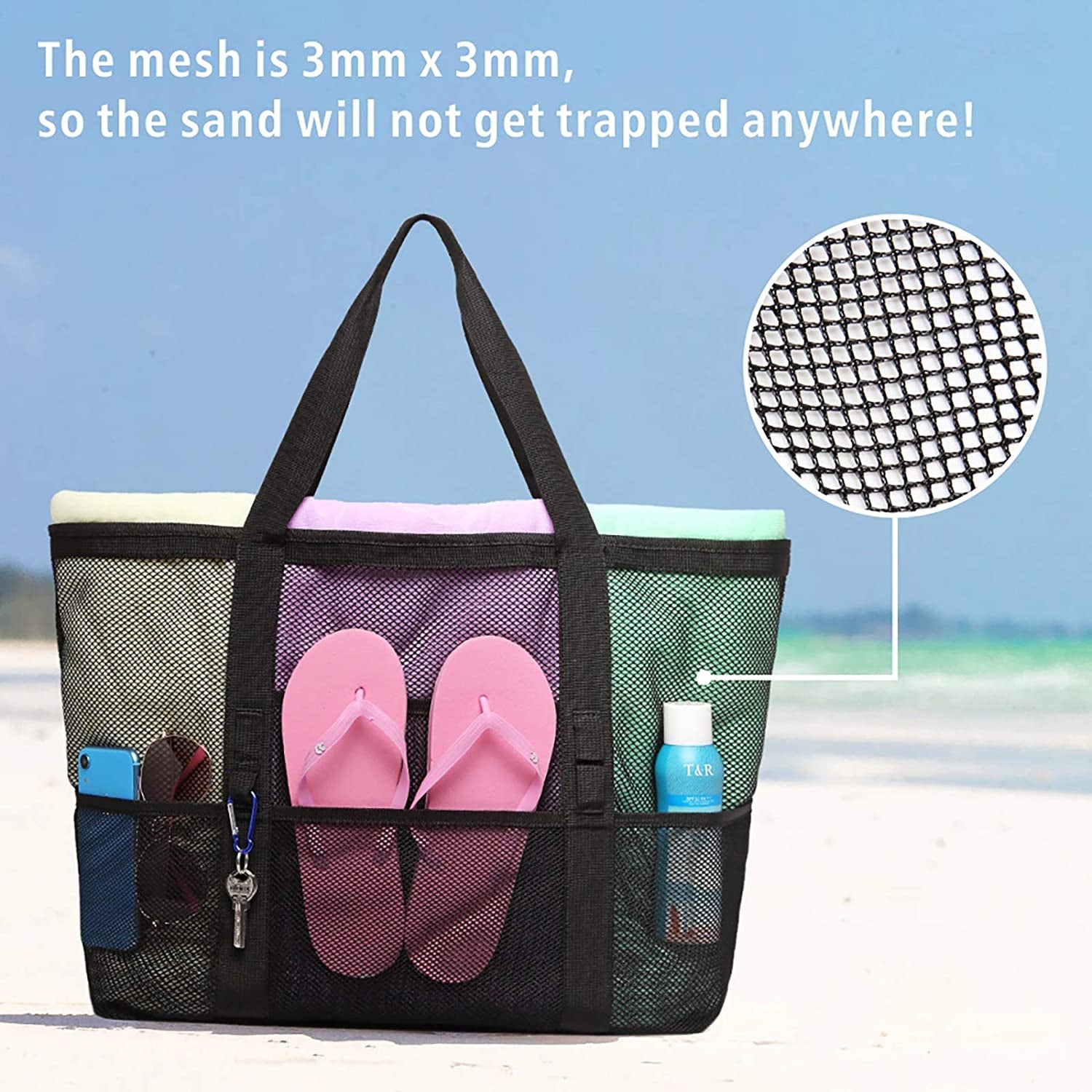 Mesh Beach Bag Family - Beach Tote 9 Pockets Beach Towel Bag